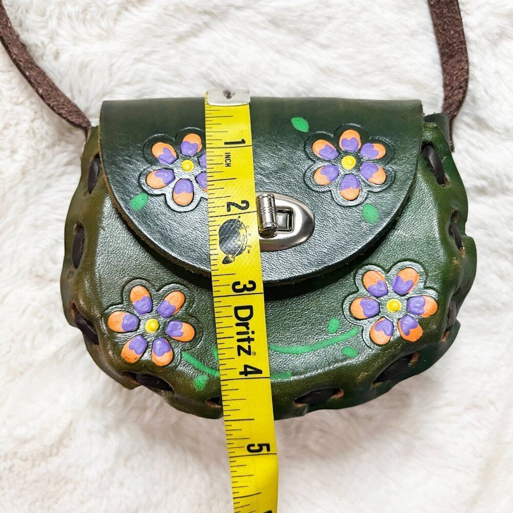 Made in Mexico Green Leather Floral Colorful Tooled Mini Crossbody Bag - Picture 12 of 15